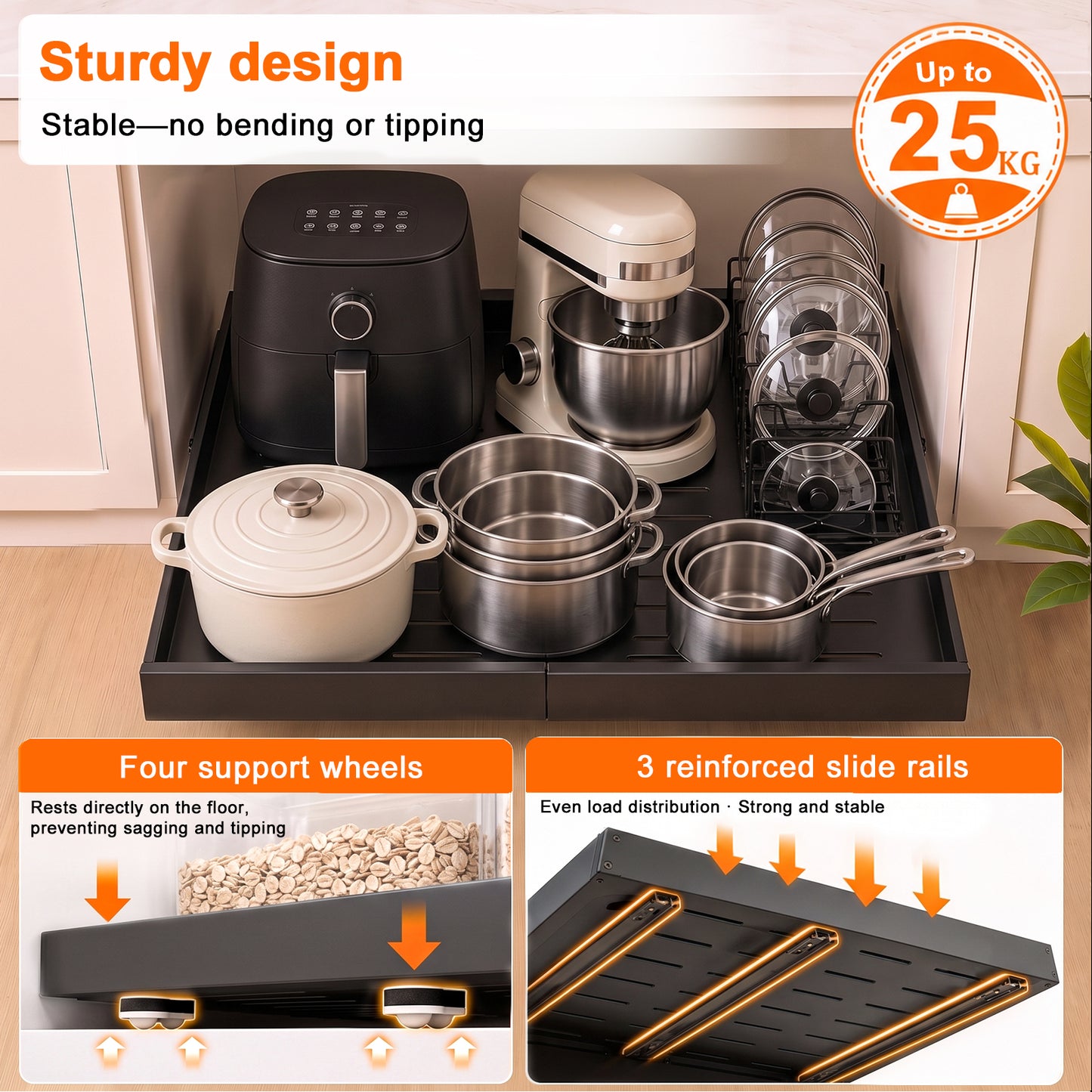 2 Pieces 4-Directional Telescopic Kitchen Drawer: Extendable Drawer | Adjustable Width 30–51cm & Depth 41–59cm with Self-Adhesive Drawer Rails for Retrofitting and Organizing Cabinets, Black