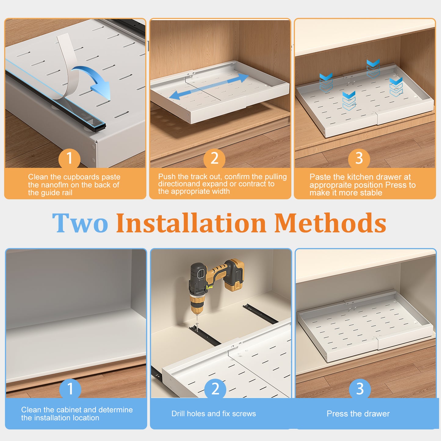 PNNP 2-Piece Telescopic Drawer Extendable Kitchen Drawer: Width Adjustable 32-53 cm with Self-Adhesive Pull-Out Rails No Drilling Required for Retrofitting and Organizing Cabinets | White