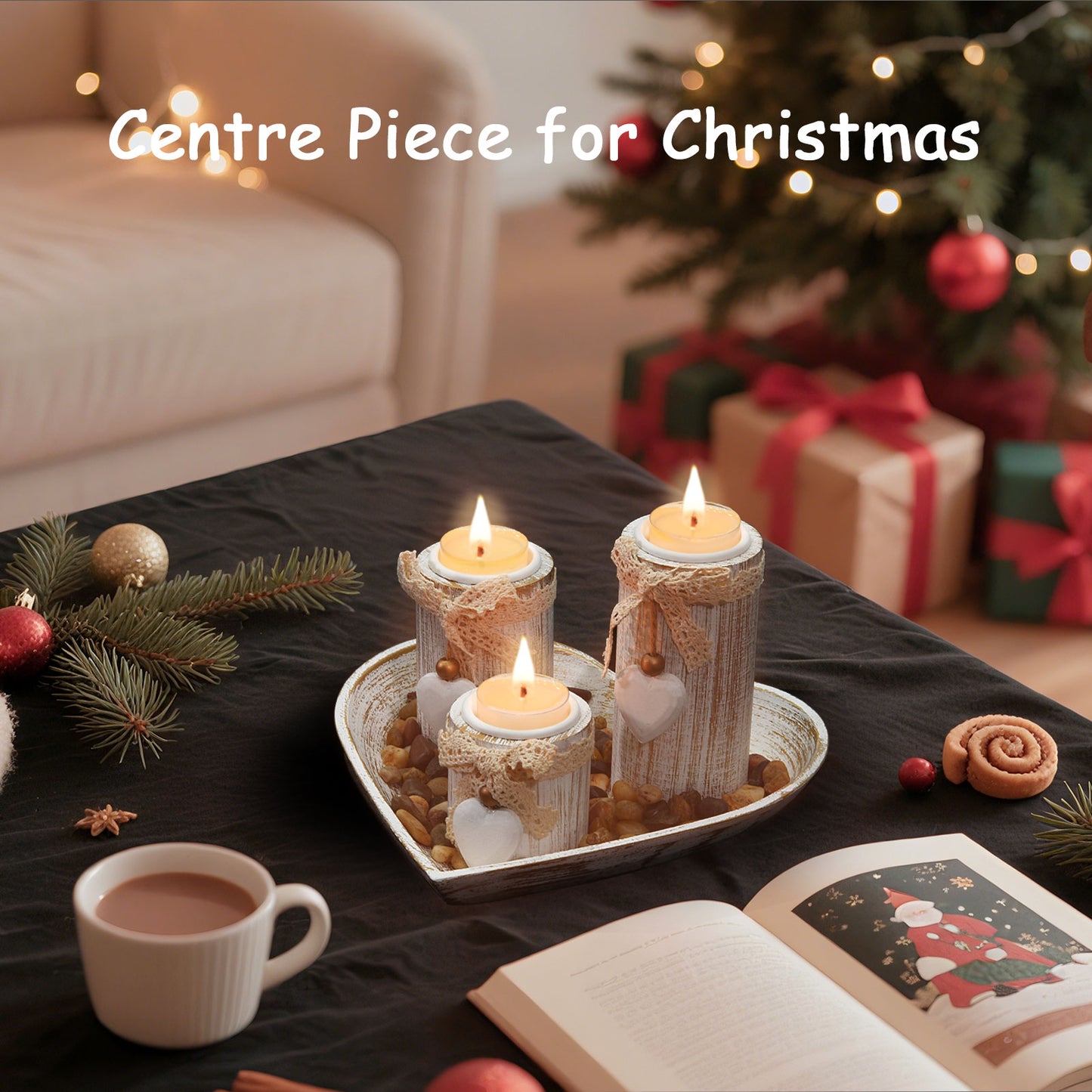 GoMaihe Wooden Candle Holder with Tray, Dining Table Centernpiece Living Room Decor Gift for Holiday