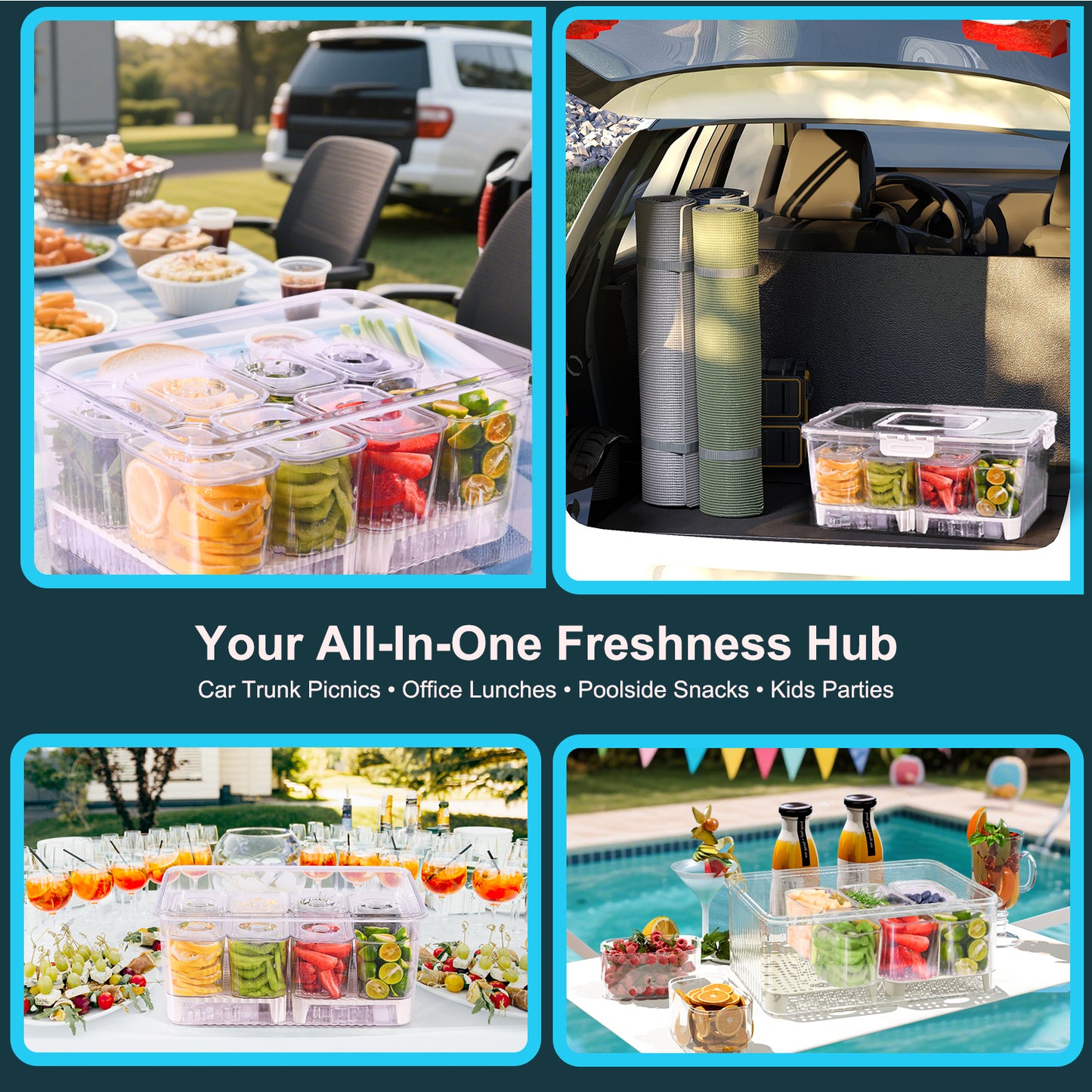 Taco Bar Serving Set for Party: Ice Chilled Condiment Caddy with Lid and Handle, Divided Serving Tray Platters with 8 Containers, Mimosa Supplies Bar Garnish Accessories for Picnic Fruit Salad