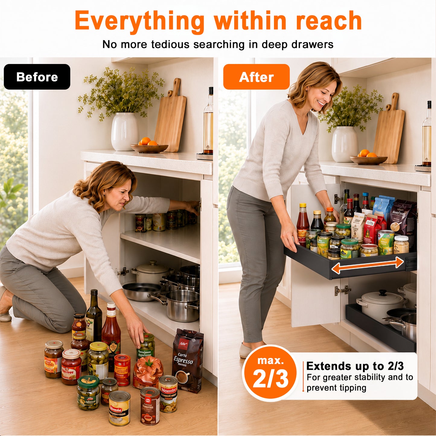 2 Pieces 4-Directional Telescopic Kitchen Drawer: Extendable Drawer | Adjustable Width 30–51cm & Depth 41–59cm with Self-Adhesive Drawer Rails for Retrofitting and Organizing Cabinets, Black