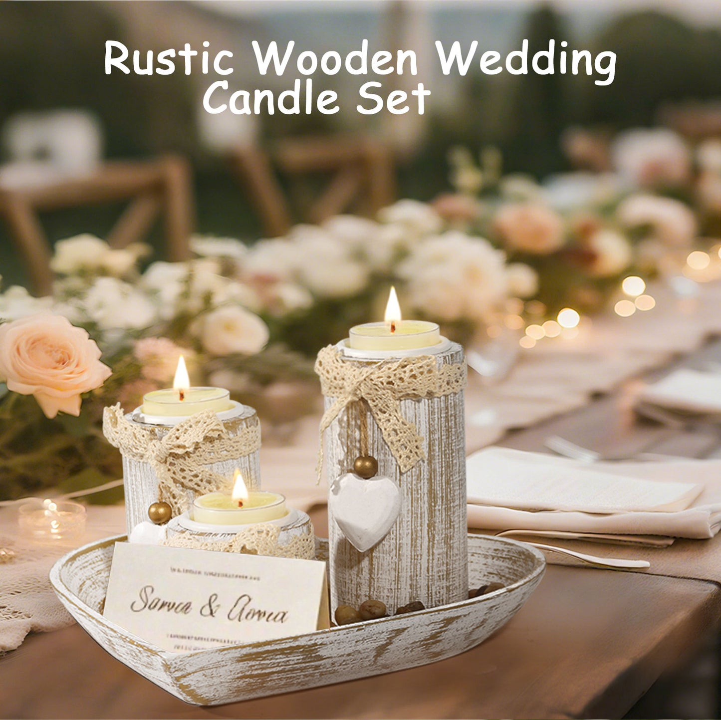 GoMaihe Wooden Candle Holder with Tray, Dining Table Centernpiece Living Room Decor Gift for Holiday