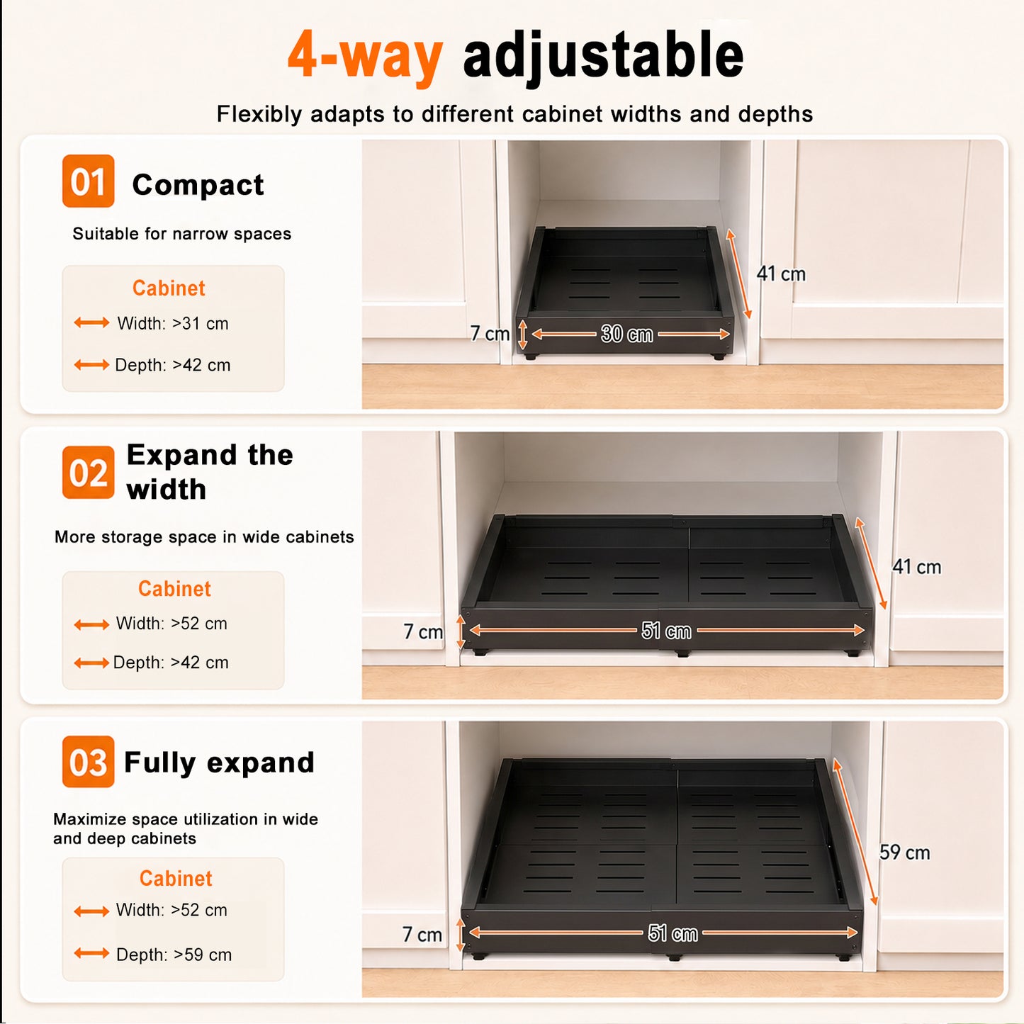 2 Pieces 4-Directional Telescopic Kitchen Drawer: Extendable Drawer | Adjustable Width 30–51cm & Depth 41–59cm with Self-Adhesive Drawer Rails for Retrofitting and Organizing Cabinets, Black