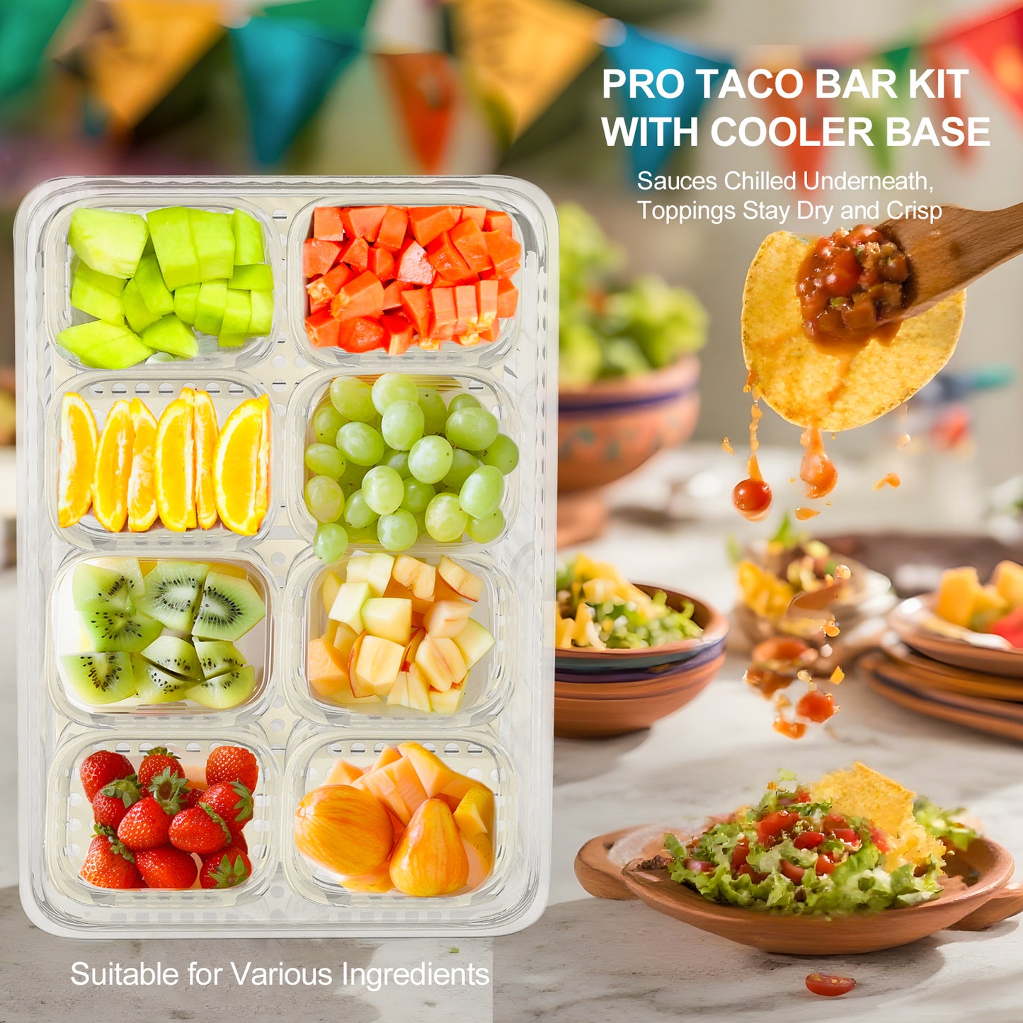 Taco Bar Serving Set for Party: Ice Chilled Condiment Caddy with Lid and Handle, Divided Serving Tray Platters with 8 Containers, Mimosa Supplies Bar Garnish Accessories for Picnic Fruit Salad