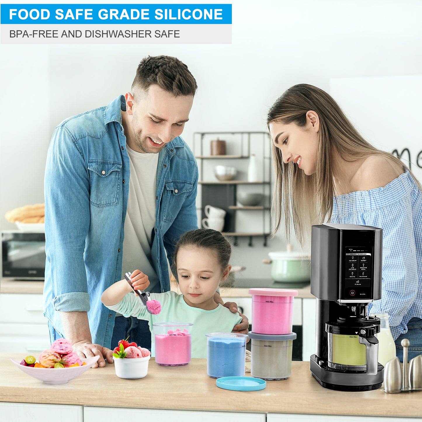 Creami Containers 4-Pack for Ninja Creami NC301 Series – Replacement Pints with Lids, Compatible with NC301/NC300/NC299AMZ/CN305A/CN301CO, BPA-Free, Dishwasher Safe, Leakproof, Pink Green Grey Blue