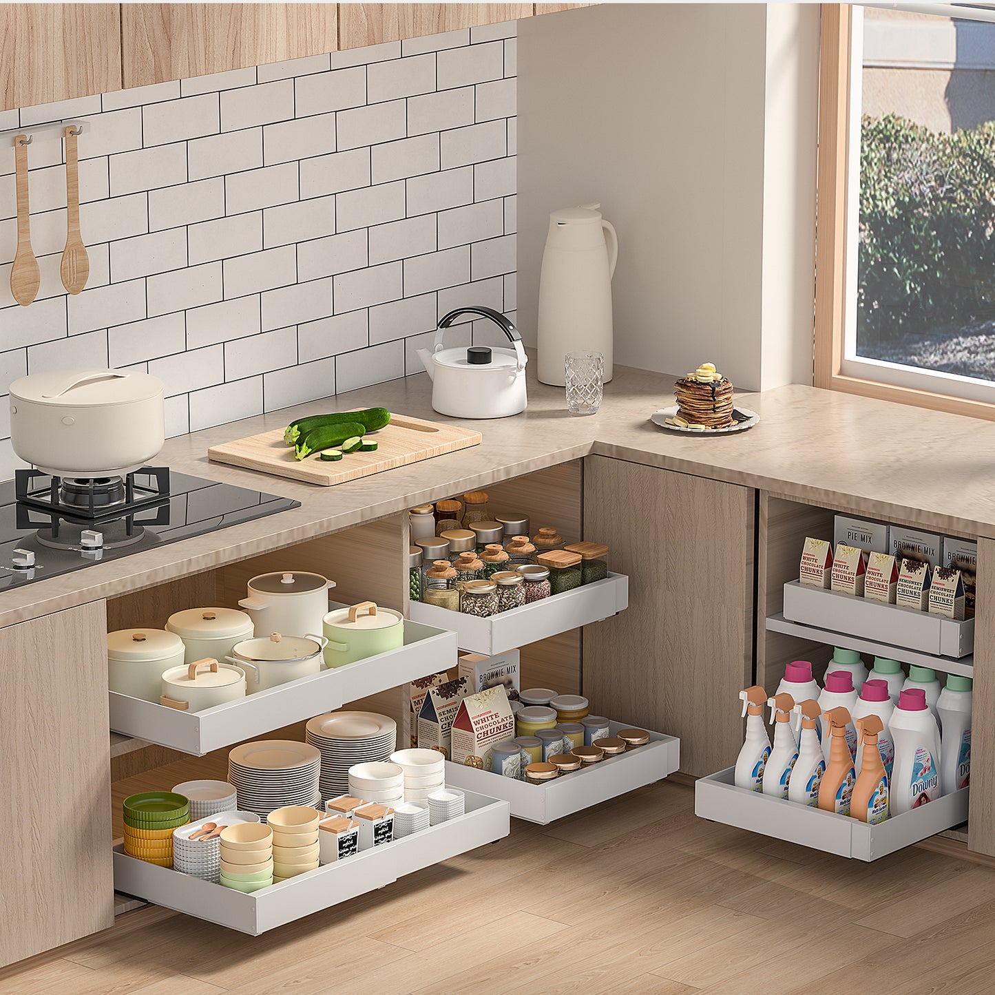 PNNP 2-Piece Telescopic Drawer Extendable Kitchen Drawer: Width Adjustable 32-53 cm with Self-Adhesive Pull-Out Rails No Drilling Required for Retrofitting and Organizing Cabinets | White