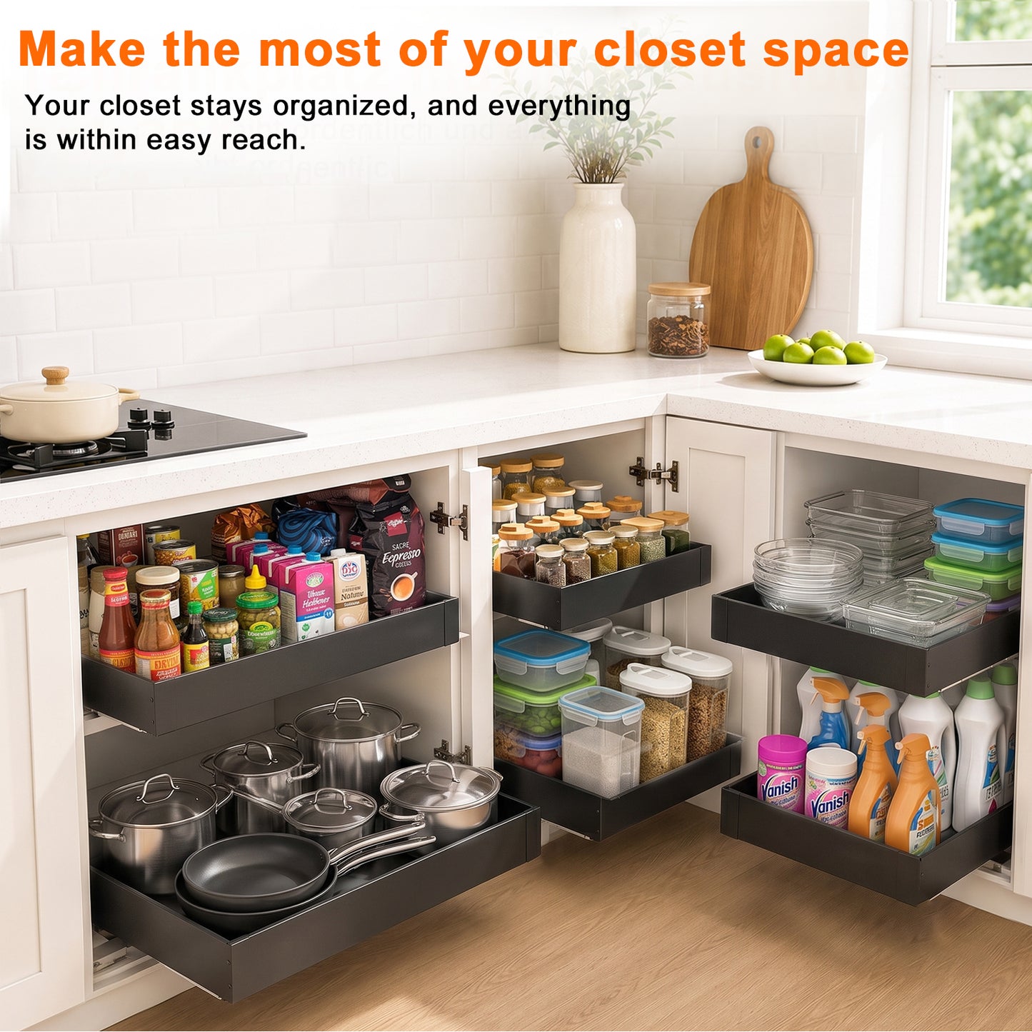 2 Pieces 4-Directional Telescopic Kitchen Drawer: Extendable Drawer | Adjustable Width 30–51cm & Depth 41–59cm with Self-Adhesive Drawer Rails for Retrofitting and Organizing Cabinets, Black