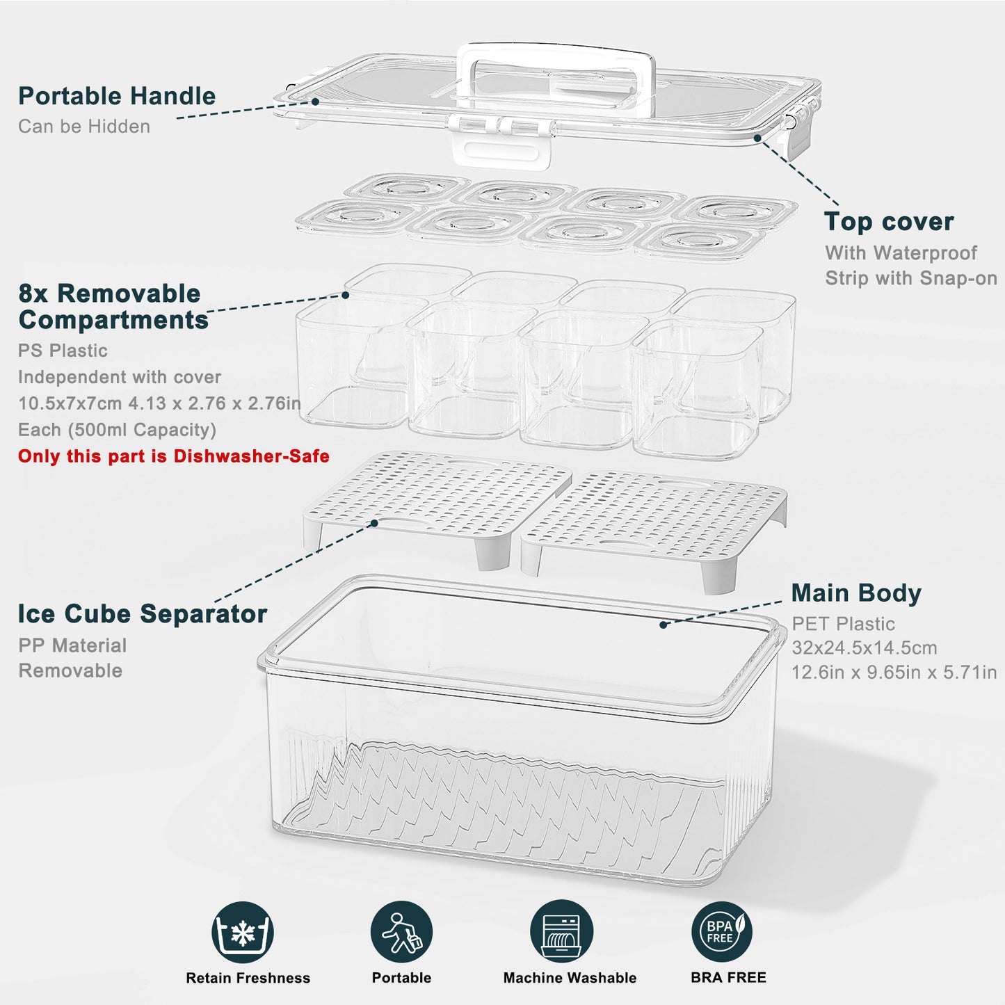 Taco Bar Serving Set for Party: Ice Chilled Condiment Caddy with Lid and Handle, Divided Serving Tray Platters with 8 Containers, Mimosa Supplies Bar Garnish Accessories for Picnic Fruit Salad
