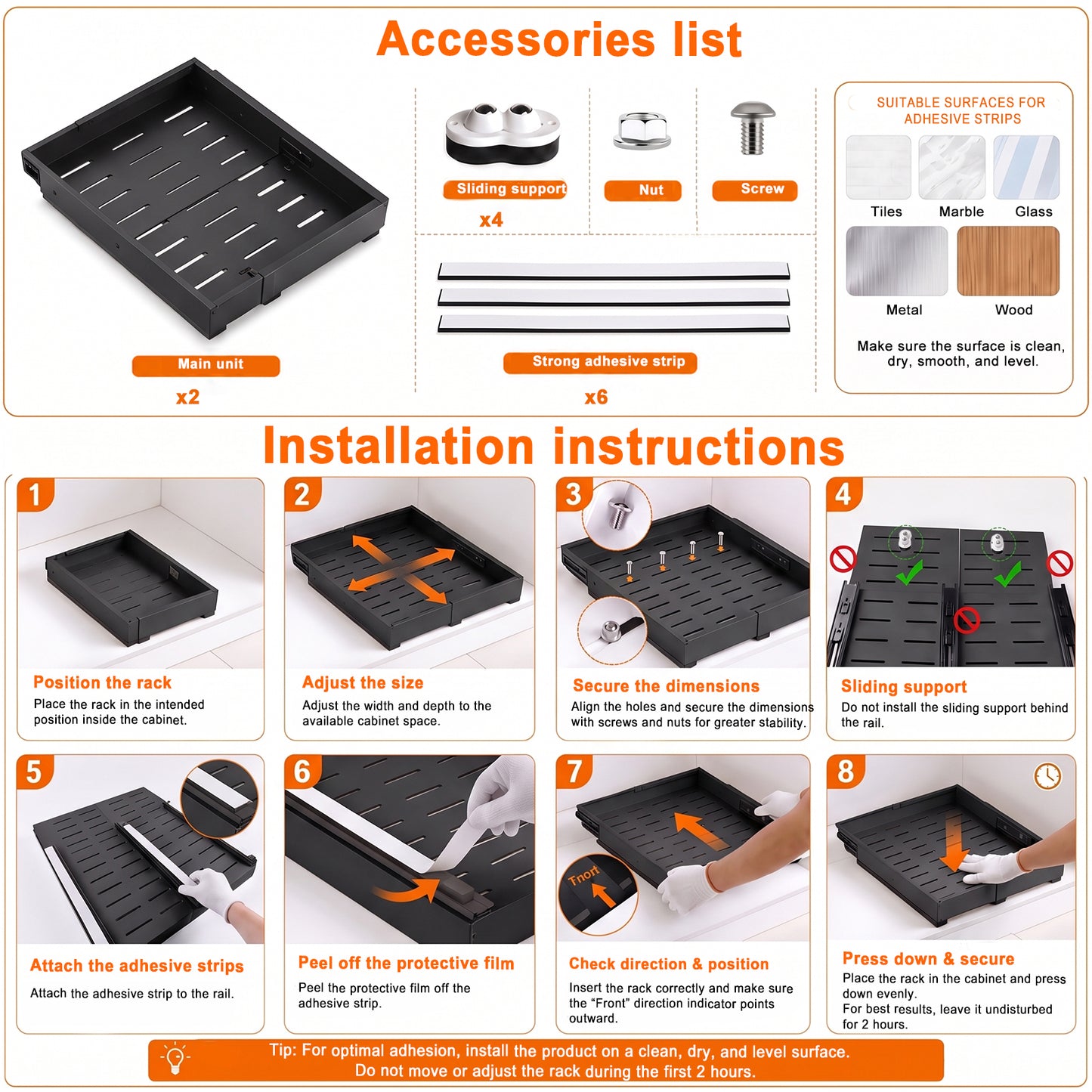 2 Pieces 4-Directional Telescopic Kitchen Drawer: Extendable Drawer | Adjustable Width 30–51cm & Depth 41–59cm with Self-Adhesive Drawer Rails for Retrofitting and Organizing Cabinets, Black