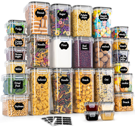 GoMaihe Storage Jars, Set of 28, Storage Box, Kitchen Organiser, Airtight Storage Container, Plastic with Lid, Storage Container for Cereal, Flour, Coffee Beans, Cornflakes, Storage, 2 L, 1.4 L, 0.8