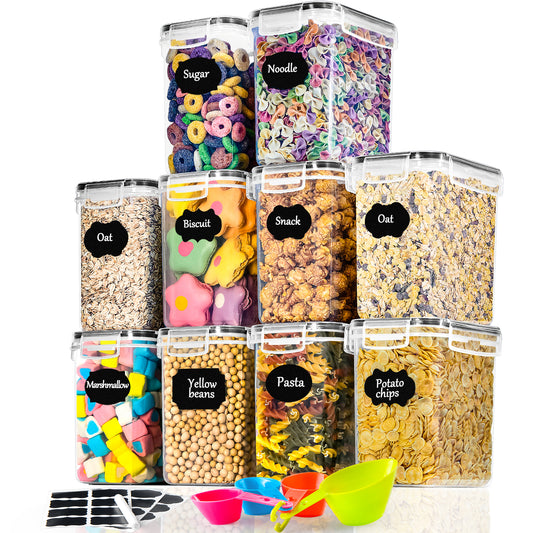 L LONGANCHANG Airtight storage containers with lids, 1.6L, set of 10, BPA-free, mothproof kitchen organizers for coffee beans, cereal, flour, sugar, cornflakes, and more. Storage containers with labels.