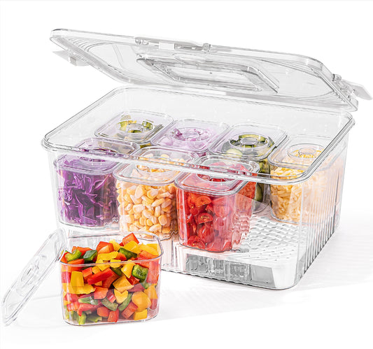 Taco Bar Serving Set for Party: Ice Chilled Condiment Caddy with Lid and Handle, Divided Serving Tray Platters with 8 Containers, Mimosa Supplies Bar Garnish Accessories for Picnic Fruit Salad