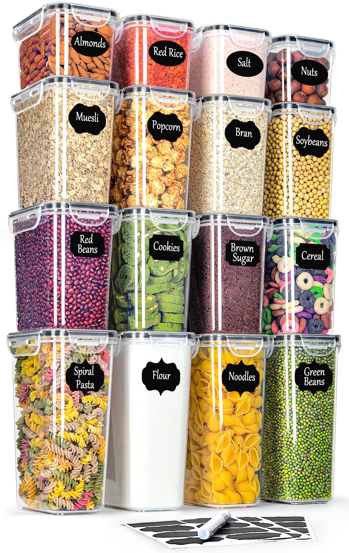 L LONGANCHANG Airtight storage containers with lids, set of 16, BPA-free, kitchen storage boxes with lids, moth-proof kitchen organizer for cornflakes, cereal, and flour, storage containers with labels