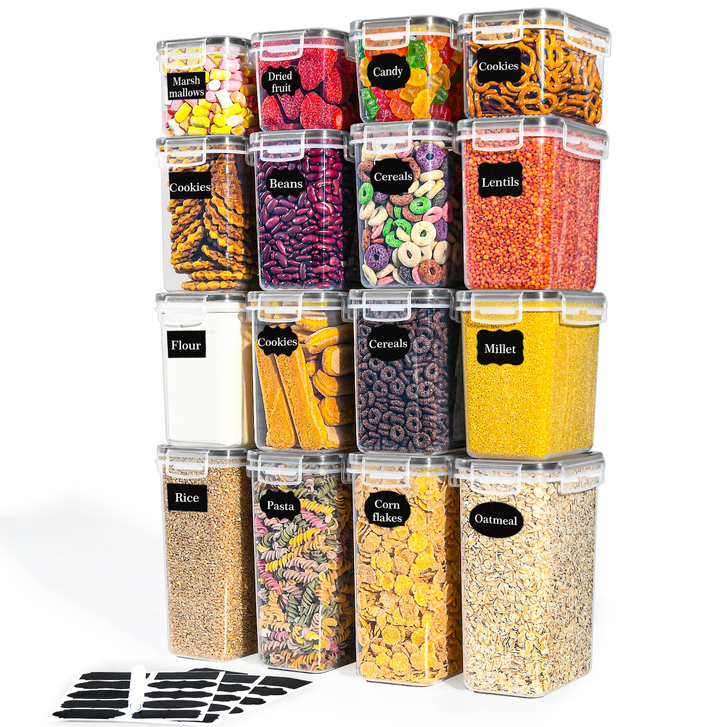 L LONGANCHANG Airtight storage containers with lids, set of 16, BPA-free, kitchen storage boxes with lids, moth-proof kitchen organizer for cornflakes, cereal, and flour, storage containers with labels