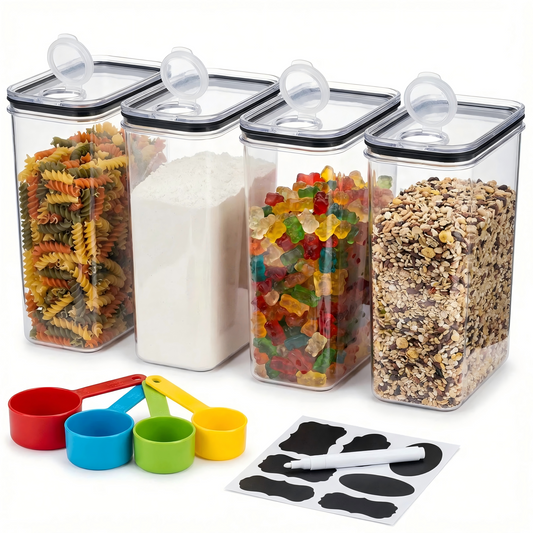 Food Storage Containers 4-Pack 4L Airtight with Lid – BPA-Free Plastic Kitchen Storage Boxes for Flour, Rice, Cereal – Pour Spou