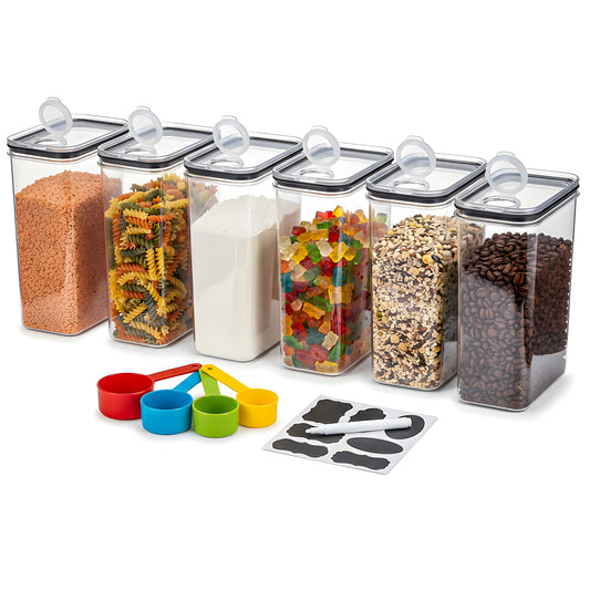 Food Storage Containers 6-Pack 4L Airtight with Lid – BPA-Free Plastic Kitchen Storage Boxes for Flour, Rice, Cereal – Pour Spout + Labels