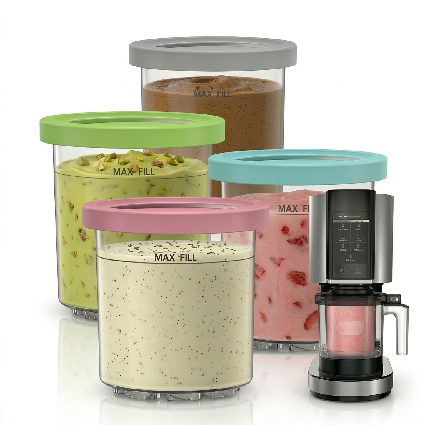 4er-Set Ersatzbehälter für Ninja Creami NC301 Serie, 473ml Eisbehälter mit Deckeln Kompatibel mit NC300 NC299AMZ, BPA-frei Auslaufsicheres Zubehör für Protein Eis & Meal Prep