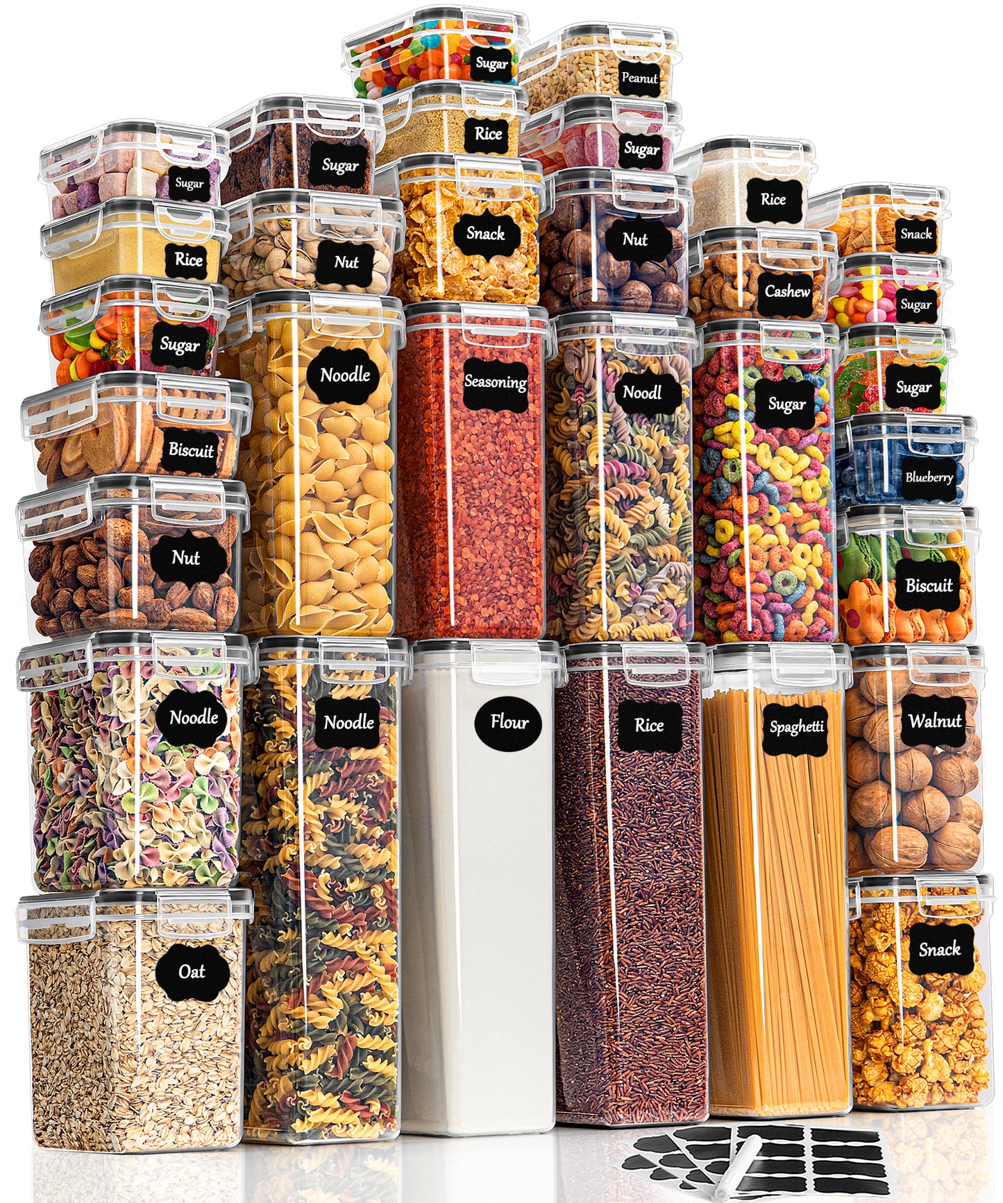 GoMaihe Airtight Food Storage Containers with Lids: 32Pcs Plastic Food Containers | Kitchen & Pantry Organizers and Storage for Cereal, Flour, Sugar, Snacks | Includes Labels, Marker