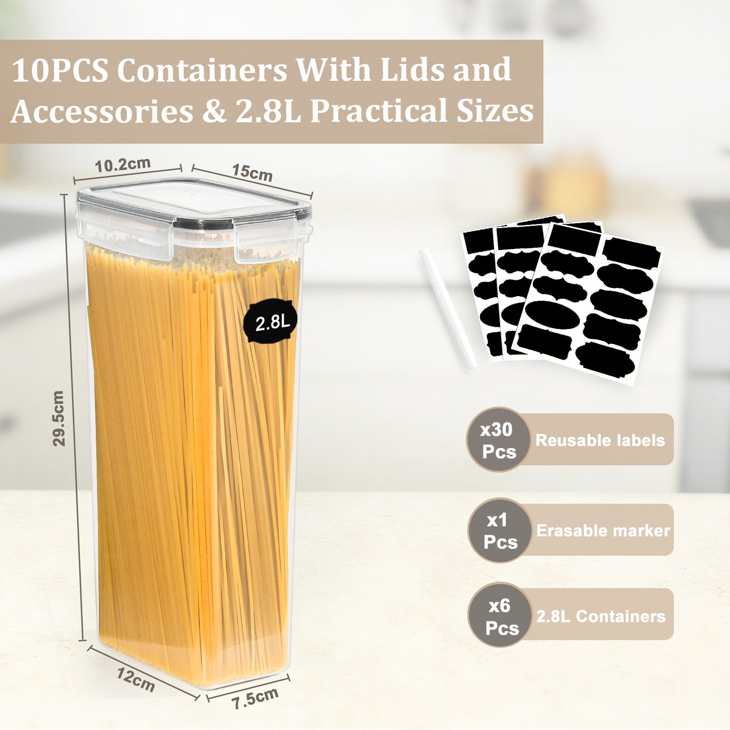GoMaihe 6er Set 2,8L Vorratsdosen: Vorratsbehälter mit Deckel für Spaghetti Aufbewahrung | Luftdichte Aufbewahrungbox Küche von Müsli, Mehl, Nudeln und Zucker | BPA-FREI | Spülmaschinenfest