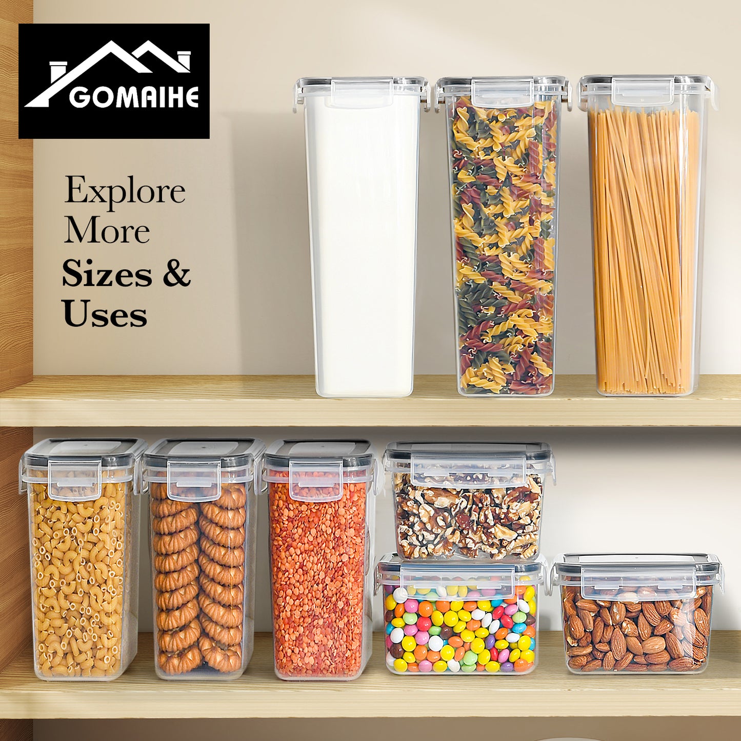 GoMaihe 2.8L Storage Containers Set of 6: Storage Containers with Lids for Spaghetti Storage | Airtight Kitchen Storage Box for Cereal, Flour, Pasta, Sugar | BPA-Free | Dishwasher Safe