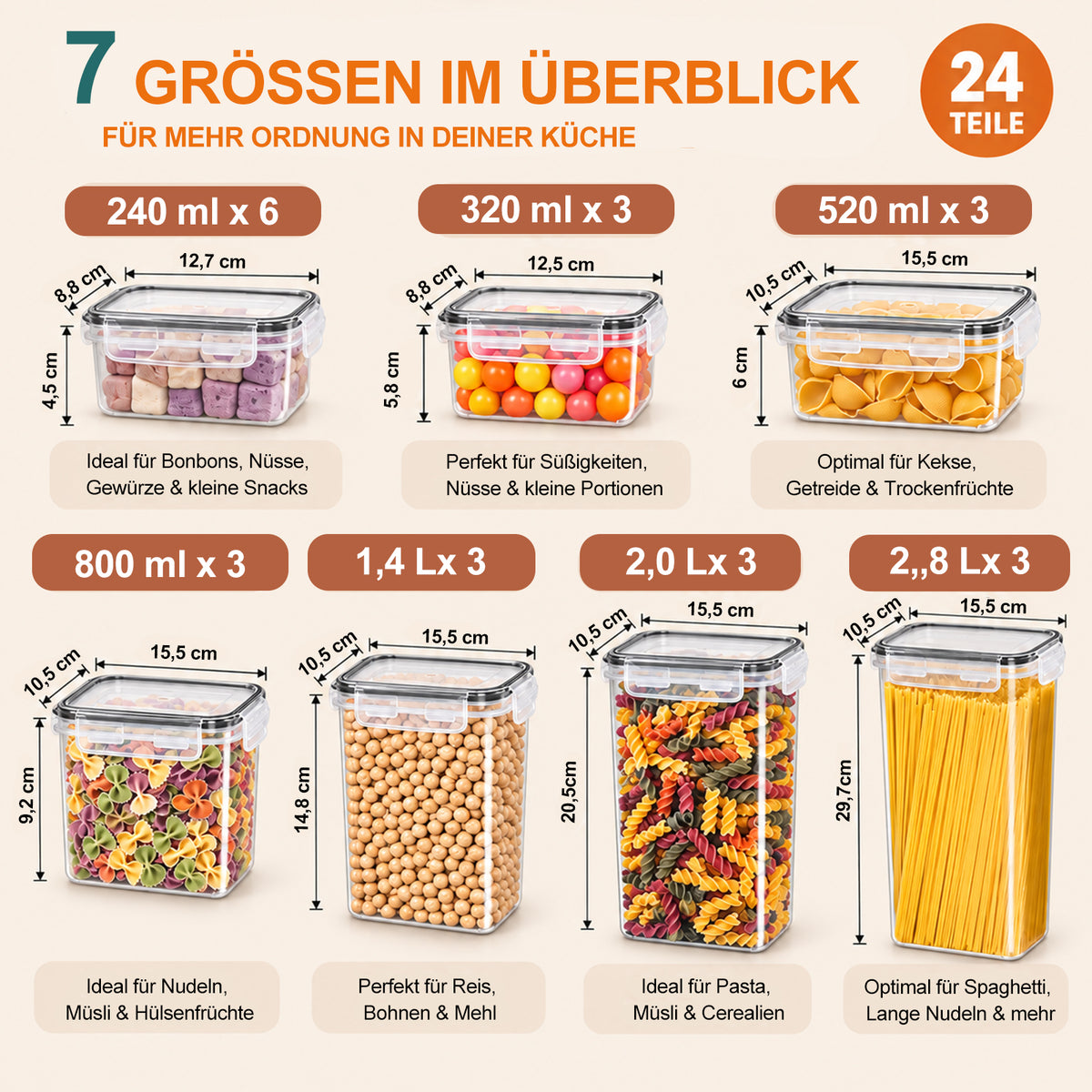 Vorratsdosen 24er Set in 7 Größen, 0,24–2,8 L – Vorratsbehälter für Spaghetti, Mehl, Zucker, Müsli und Reis, Aufbewahrungsboxen für Küche und Vorratsschrank, mit 30 Etiketten und 1 Stift