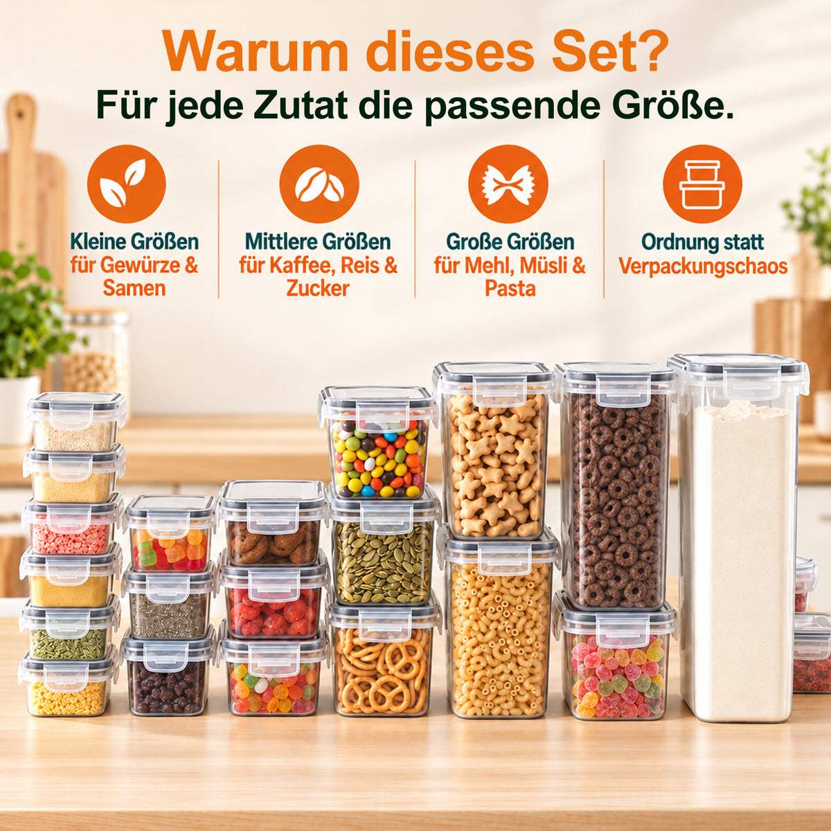 Vorratsdosen 24er Set in 7 Größen, 0,24–2,8 L – Vorratsbehälter für Spaghetti, Mehl, Zucker, Müsli und Reis, Aufbewahrungsboxen für Küche und Vorratsschrank, mit 30 Etiketten und 1 Stift