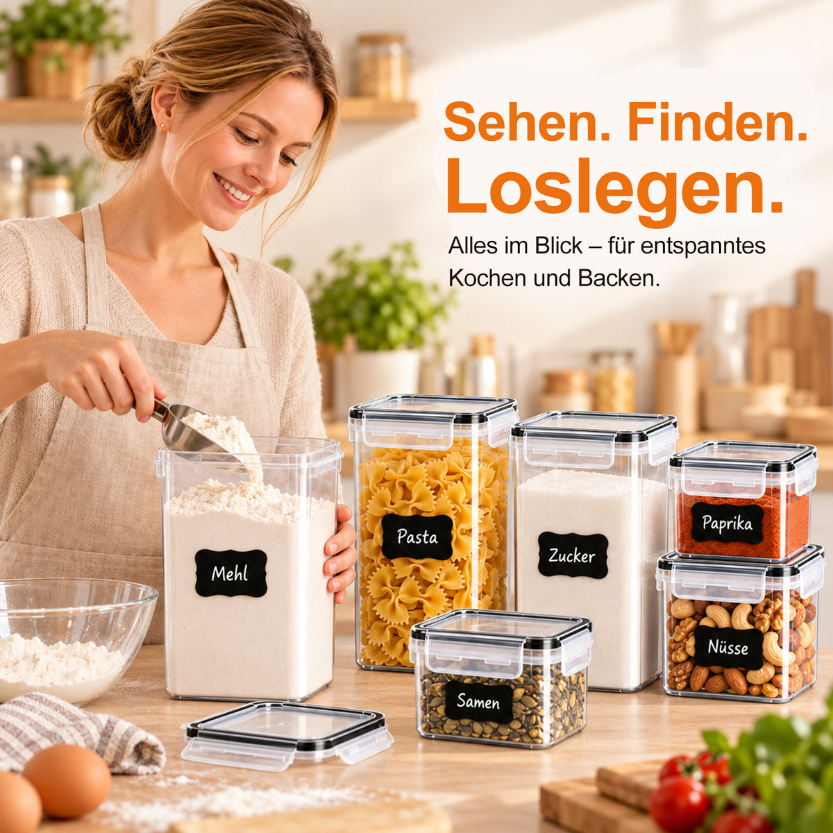 Vorratsdosen 24er Set in 7 Größen, 0,24–2,8 L – Vorratsbehälter für Spaghetti, Mehl, Zucker, Müsli und Reis, Aufbewahrungsboxen für Küche und Vorratsschrank, mit 30 Etiketten und 1 Stift