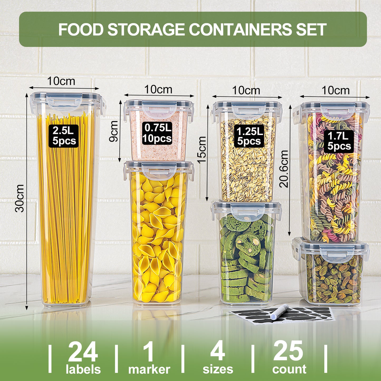L LONGANCHANG Airtight storage containers with lids, set of 25: Kitchen storage boxes for flour, cereal, sugar, spaghetti, pasta | Storage container set 2.8l/2.0l/1.4l/0.8l | BPA-free | Dishwasher safe