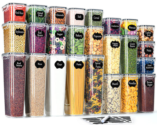 L LONGANCHANG Airtight storage containers with lids, set of 25: Kitchen storage boxes for flour, cereal, sugar, spaghetti, pasta | Storage container set 2.8l/2.0l/1.4l/0.8l | BPA-free | Dishwasher safe