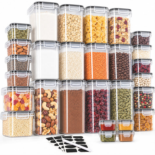 28-Piece Set of Storage Containers in 5 Sizes, 0.14–2 L – Storage Containers for Flour, Sugar, Cereal, Rice, and Spices, Storage Boxes for Kitchen and Pantry, with 30 Labels and 1 Pen
