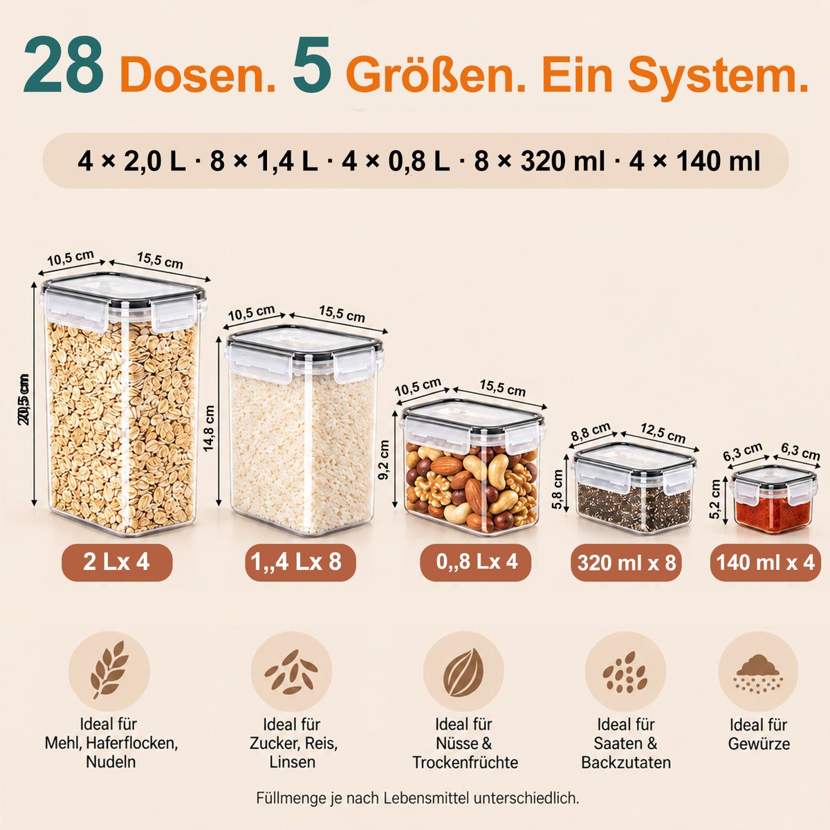 28-Piece Set of Storage Containers in 5 Sizes, 0.14–2 L – Storage Containers for Flour, Sugar, Cereal, Rice, and Spices, Storage Boxes for Kitchen and Pantry, with 30 Labels and 1 Pen