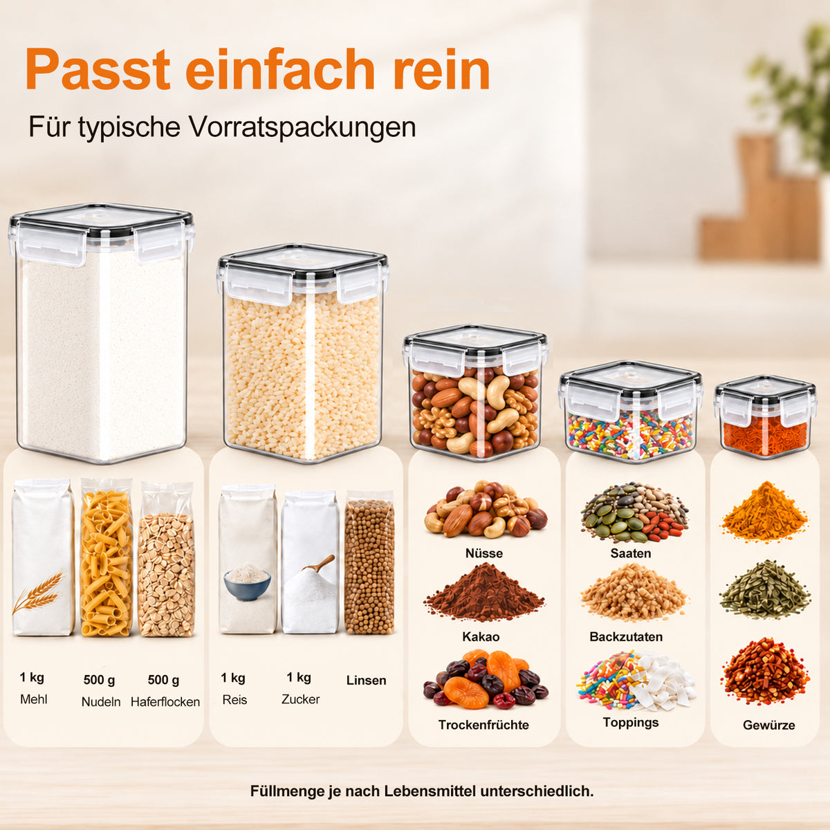 28-Piece Set of Storage Containers in 5 Sizes, 0.14–2 L – Storage Containers for Flour, Sugar, Cereal, Rice, and Spices, Storage Boxes for Kitchen and Pantry, with 30 Labels and 1 Pen