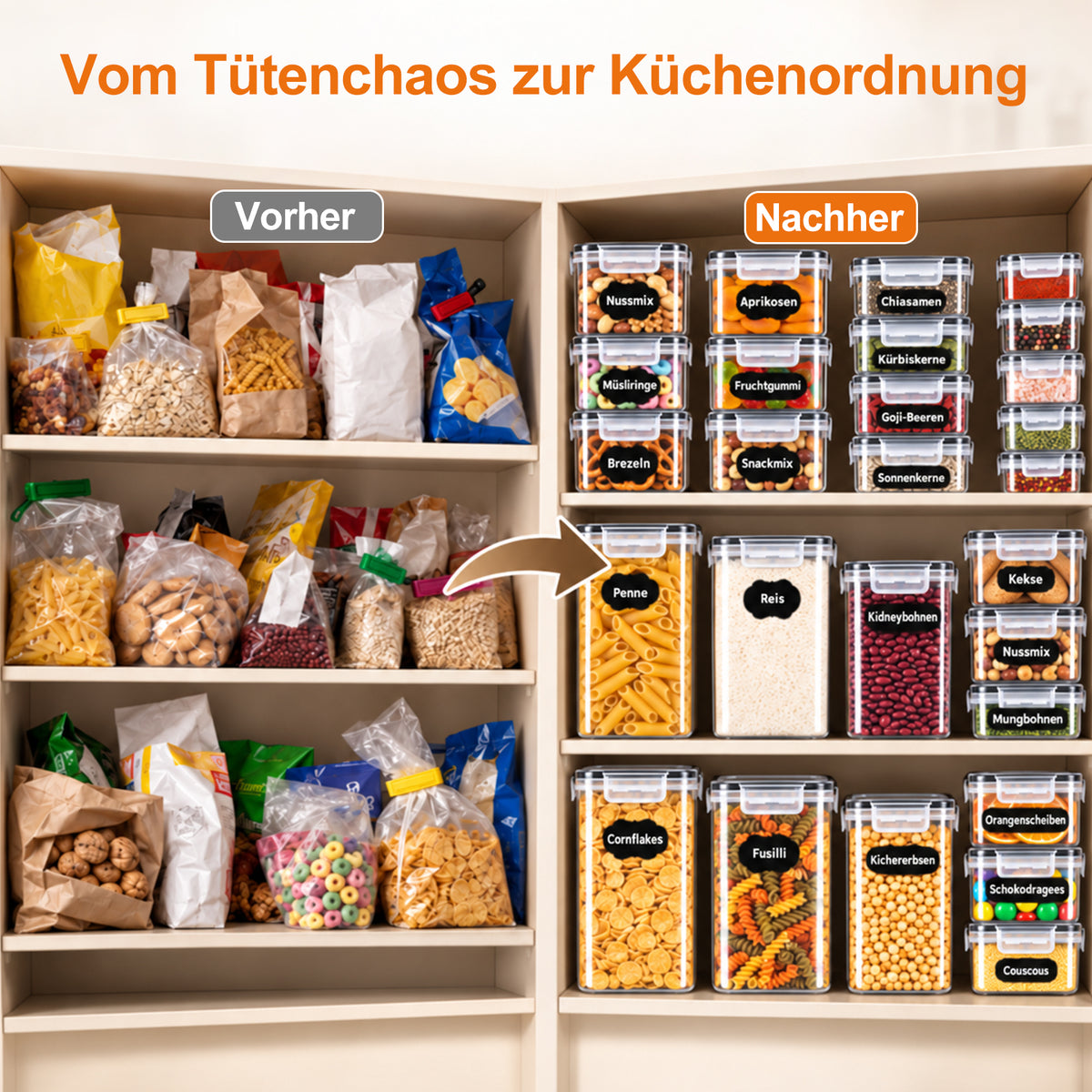 28-Piece Set of Storage Containers in 5 Sizes, 0.14–2 L – Storage Containers for Flour, Sugar, Cereal, Rice, and Spices, Storage Boxes for Kitchen and Pantry, with 30 Labels and 1 Pen