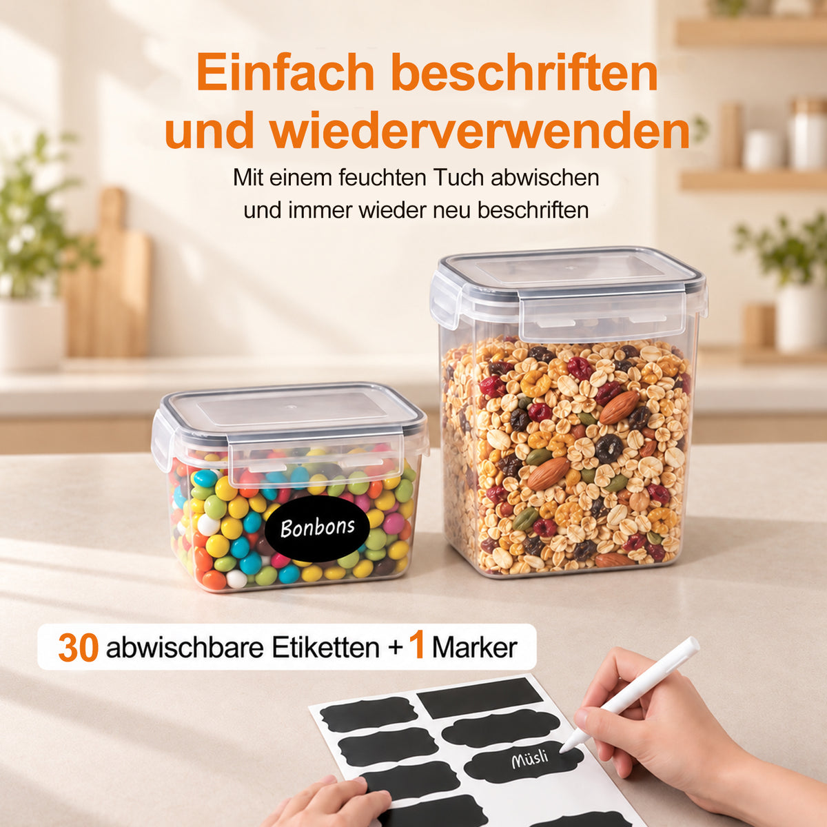 28-Piece Set of Storage Containers in 5 Sizes, 0.14–2 L – Storage Containers for Flour, Sugar, Cereal, Rice, and Spices, Storage Boxes for Kitchen and Pantry, with 30 Labels and 1 Pen