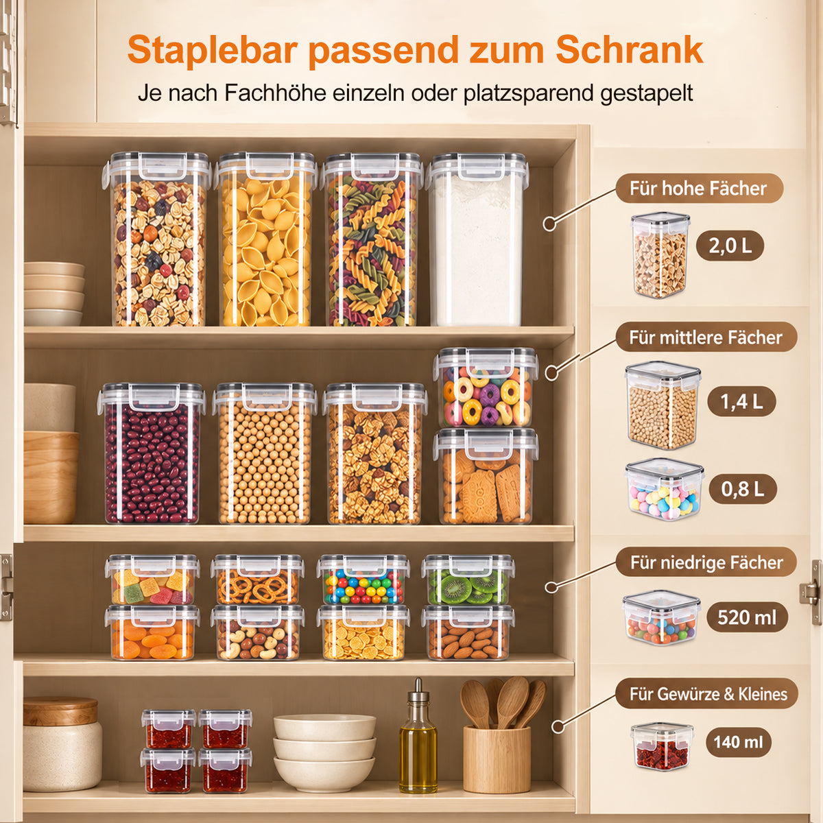 28-Piece Set of Storage Containers in 5 Sizes, 0.14–2 L – Storage Containers for Flour, Sugar, Cereal, Rice, and Spices, Storage Boxes for Kitchen and Pantry, with 30 Labels and 1 Pen