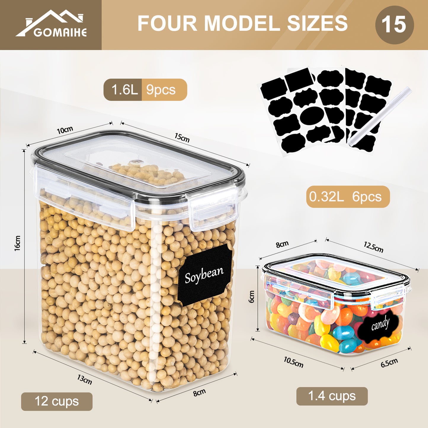 GoMaihe storage containers with lids, airtight storage box: 15-piece storage box kitchen set for flour, cereal, sugar