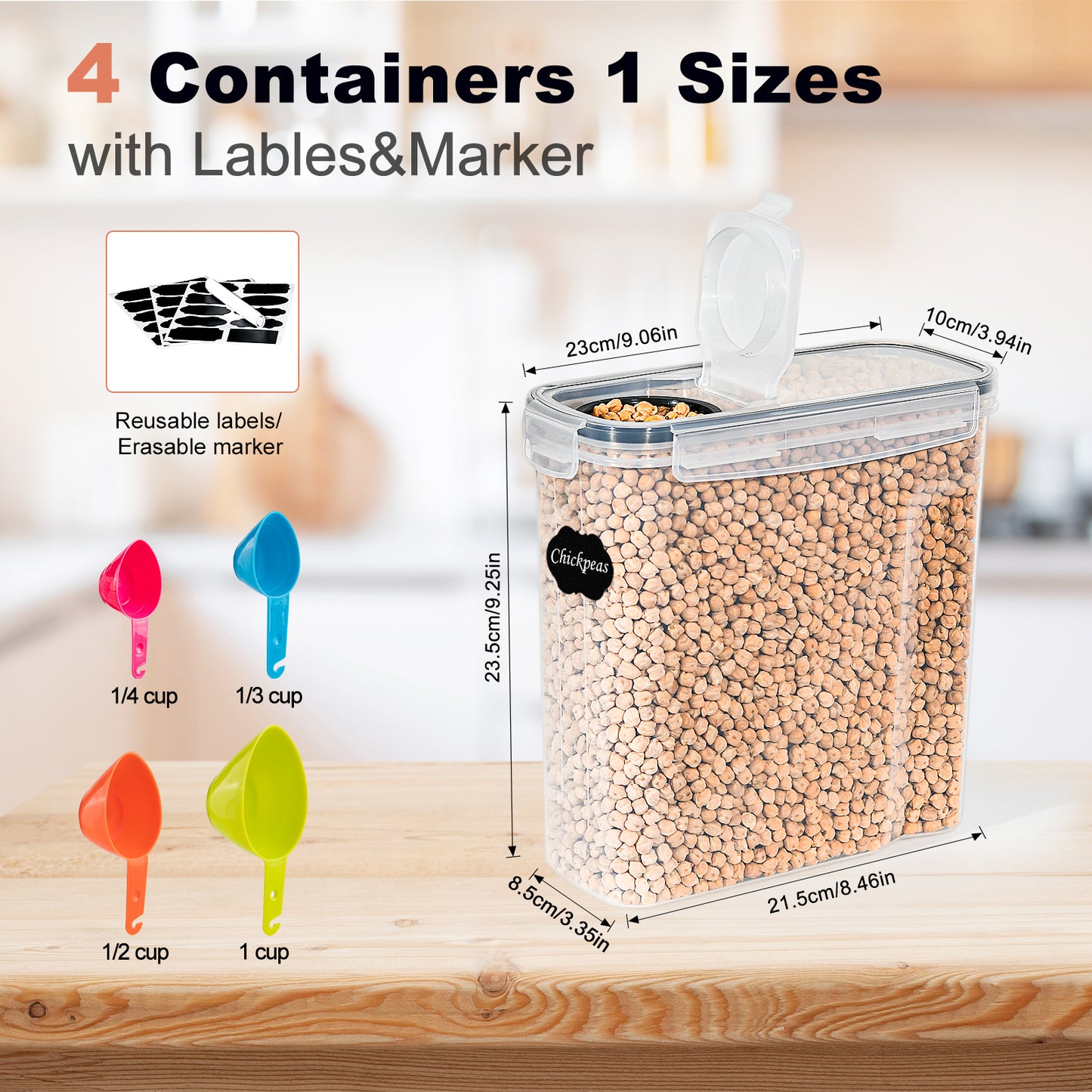 Food Storage Containers 6-Pack 4L Airtight with Lid – BPA-Free Plastic Kitchen Storage Boxes for Flour, Rice, Cereal – Pour Spout + Labels