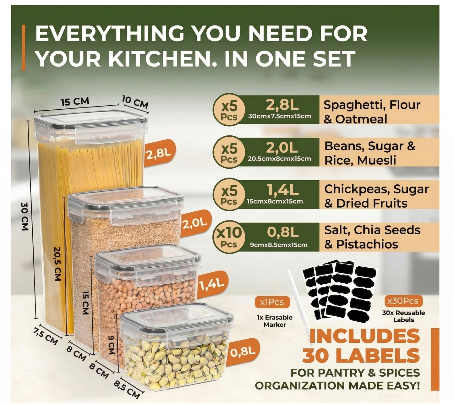 Airtight Food Storage Containers with Lids 25 Piece Set, BPA-Free Stackable Kitchen Pantry Organisation Boxes for Cereal, Pasta & Flour (0.8L-2.8L)