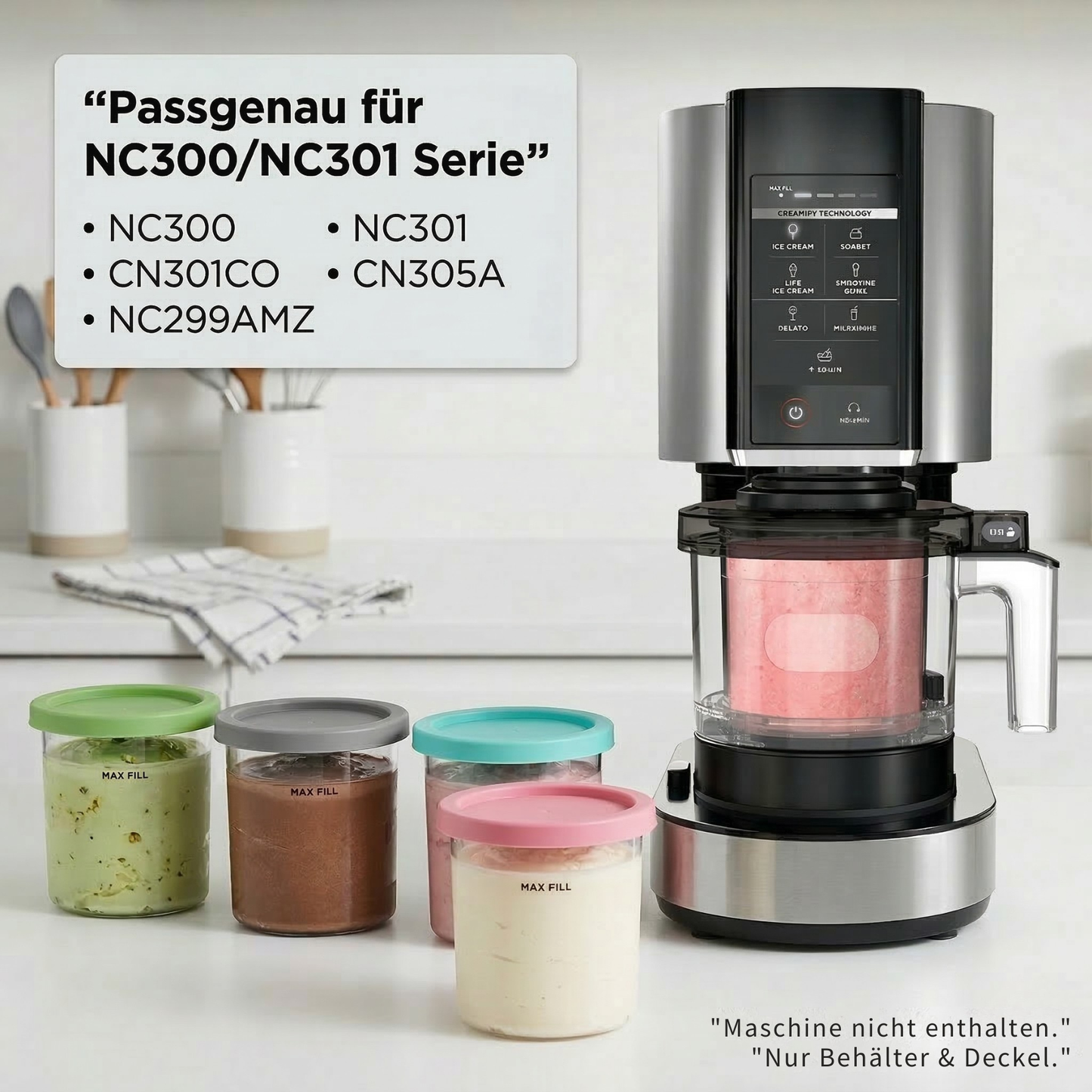 4er-Set Ersatzbehälter für Ninja Creami NC301 Serie, 473ml Eisbehälter mit Deckeln Kompatibel mit NC300 NC299AMZ, BPA-frei Auslaufsicheres Zubehör für Protein Eis & Meal Prep
