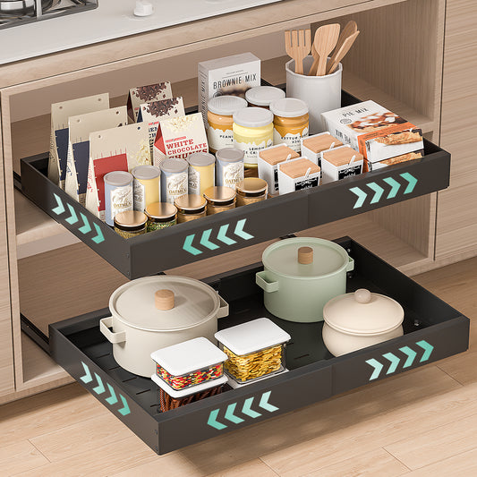 PNNP 2 pieces telescopic drawer extendable kitchen drawer: width adjustable 32-53 cm with self-adhesive pull-out rails without drilling for retrofitting and organizing cupboards | Black