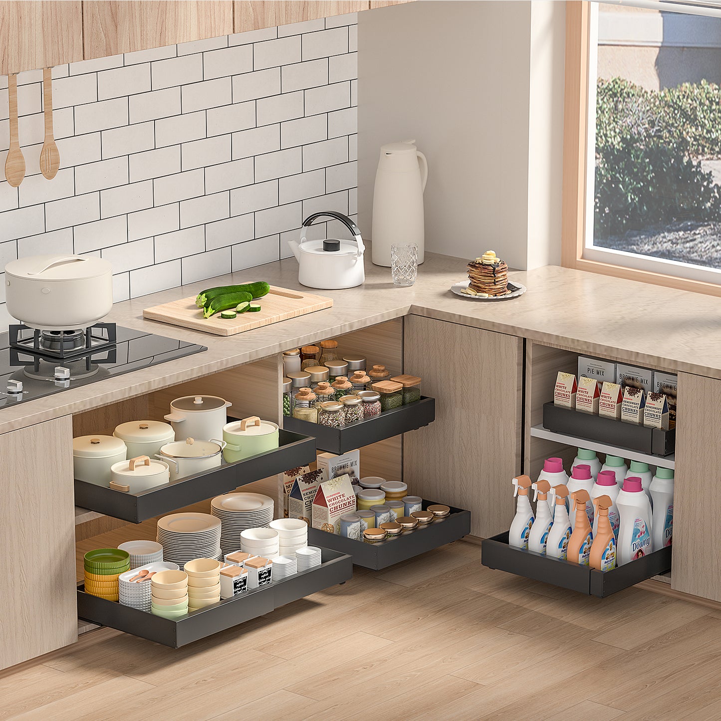 PNNP 2 pieces telescopic drawer extendable kitchen drawer: width adjustable 32-53 cm with self-adhesive pull-out rails without drilling for retrofitting and organizing cupboards | Black