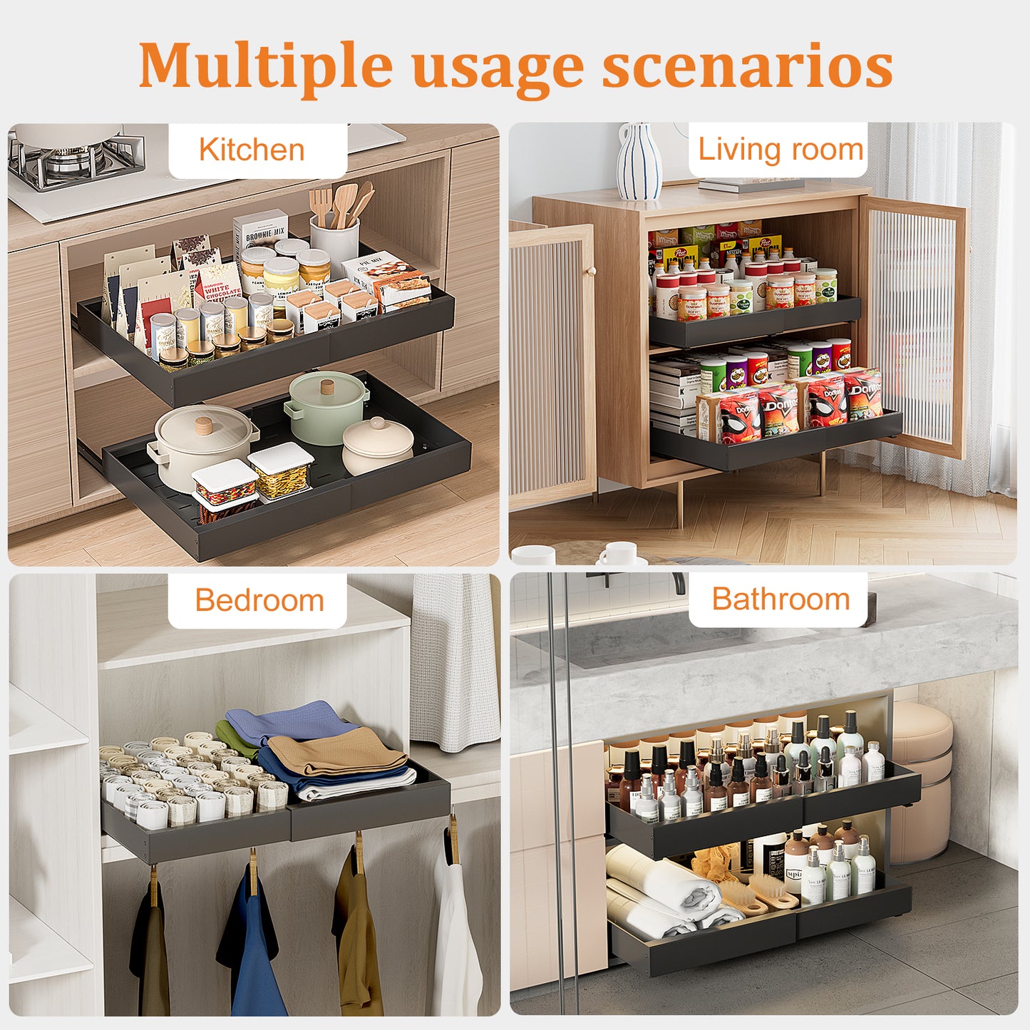 PNNP 2 pieces telescopic drawer extendable kitchen drawer: width adjustable 32-53 cm with self-adhesive pull-out rails without drilling for retrofitting and organizing cupboards | Black