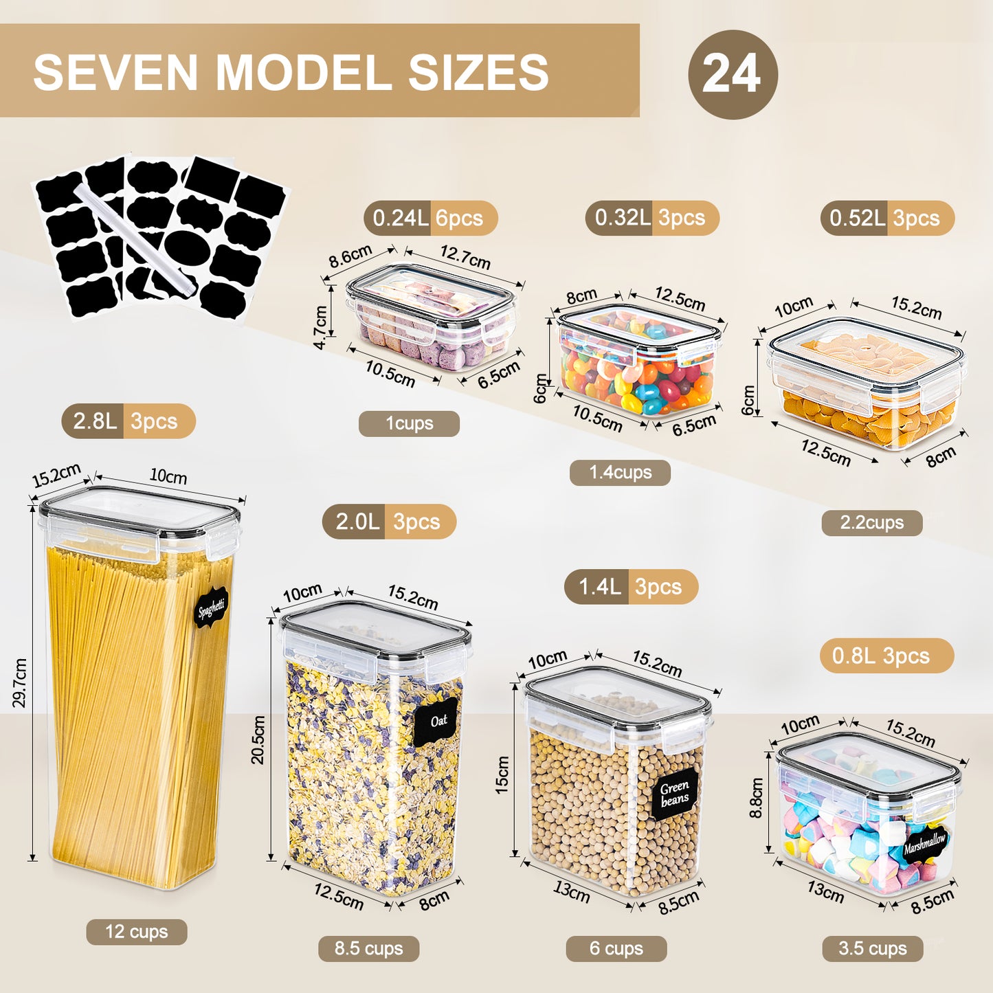 24-Piece Airtight Food Storage Containers Set – BPA-Free Kitchen Storage Boxes with Lids for Flour, Cereal, Pasta, Spaghetti, Dr