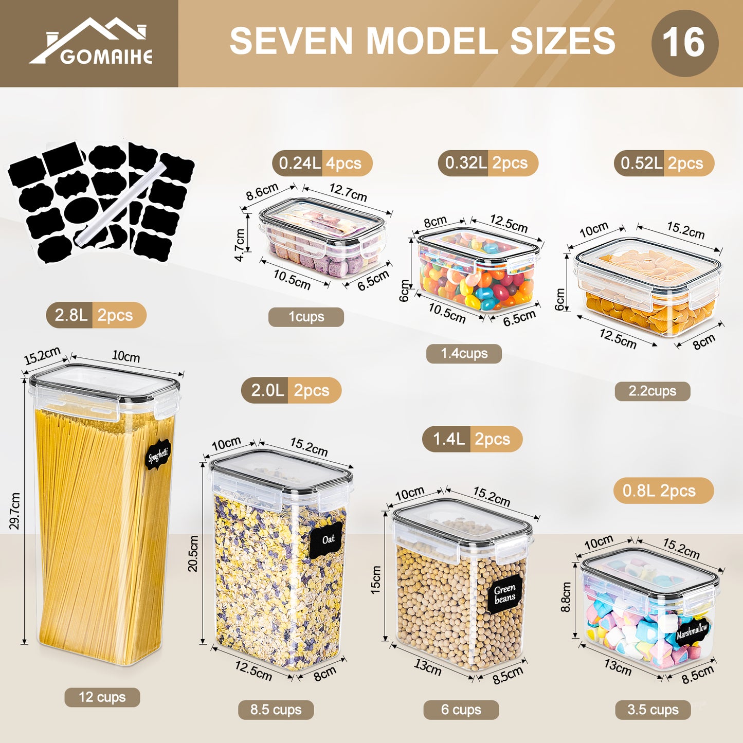 GoMaihe Storage Containers 16 Set, Kitchen Storage Box Airtight Plastic Containers with Lids, Storage Jars for Storing Pasta, Cereal, Rice, Flour, and Pet Food