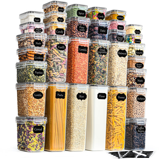 GoMaihe Airtight Food Storage Containers with Lids: 32Pcs Plastic Food Containers | Kitchen & Pantry Organizers and Storage for Cereal, Flour, Sugar, Snacks | Includes Labels, Marker