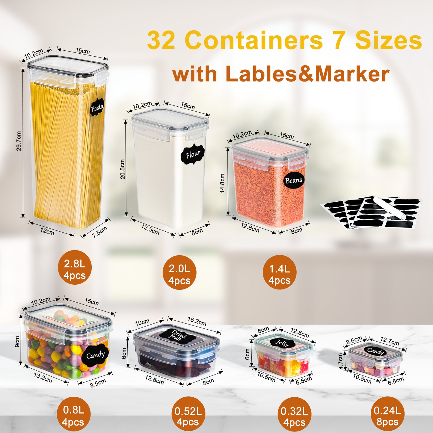 GoMaihe Airtight Food Storage Containers with Lids: 32Pcs Plastic Food Containers | Kitchen & Pantry Organizers and Storage for Cereal, Flour, Sugar, Snacks | Includes Labels, Marker