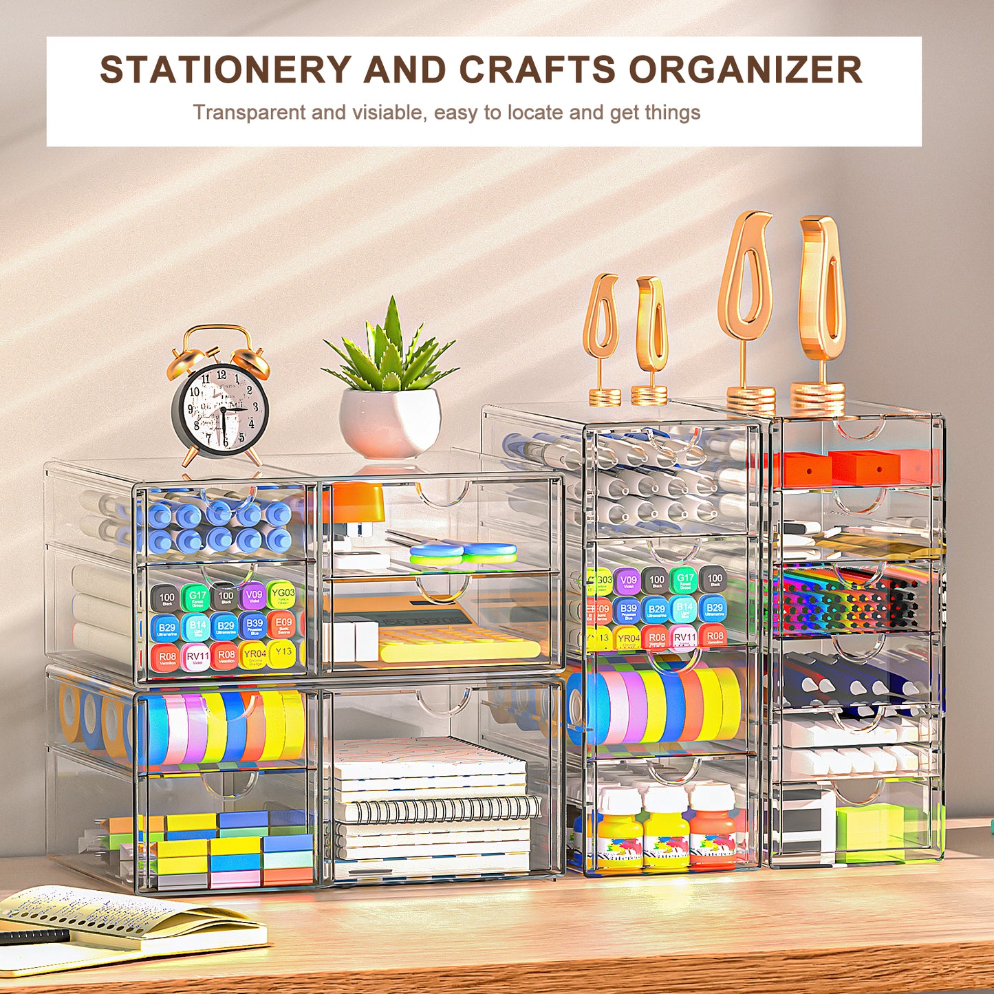 GoMaihe 3-Stücke Schubladenboxen Schreibtisch: Acryl Durchsichtig Schminktisch Organizer | Make up Organizer mit 15 Schubladen | Schreibtisch Organizer für Hause Büro Schule