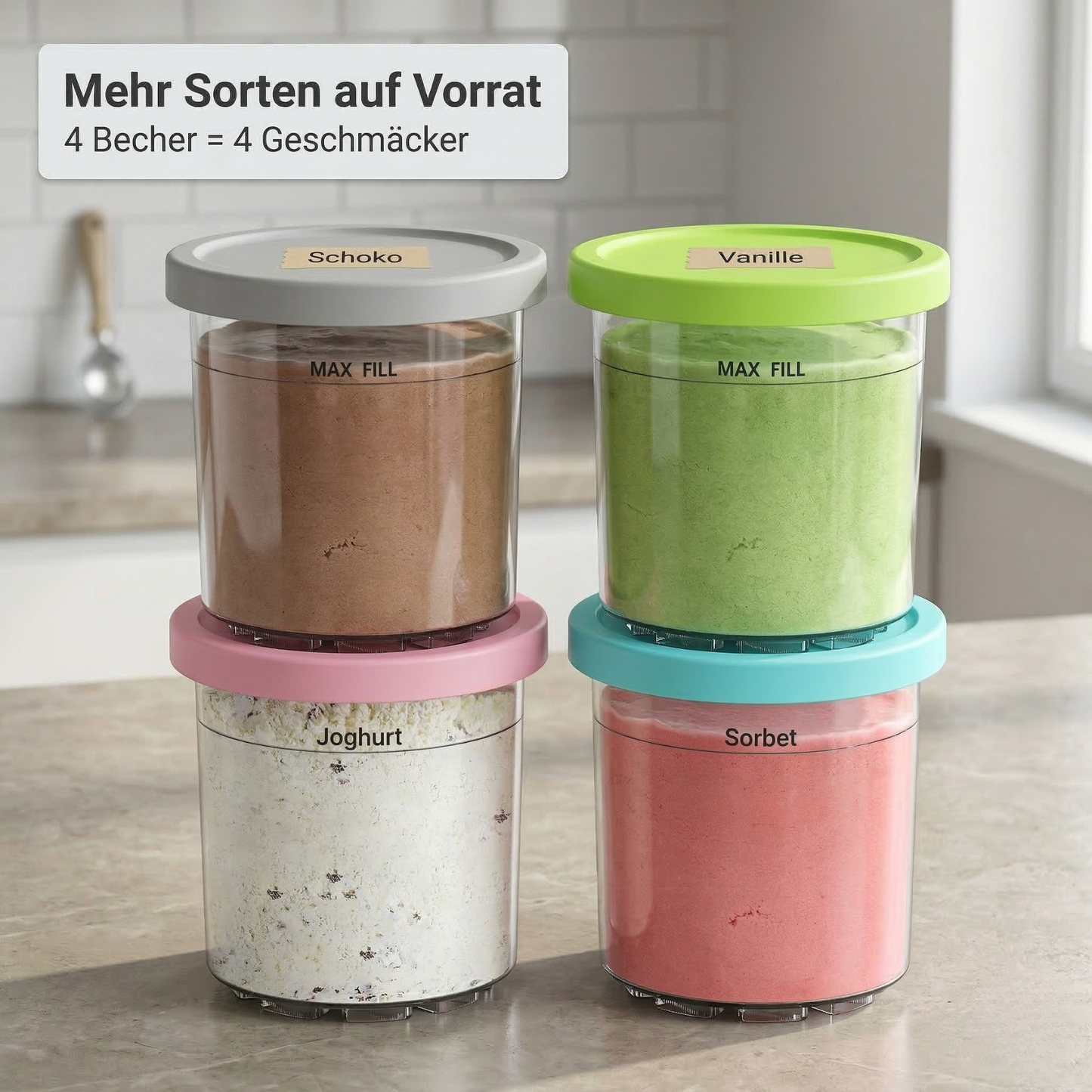 4er-Set Ersatzbehälter für Ninja Creami NC301 Serie, 473ml Eisbehälter mit Deckeln Kompatibel mit NC300 NC299AMZ, BPA-frei Auslaufsicheres Zubehör für Protein Eis & Meal Prep