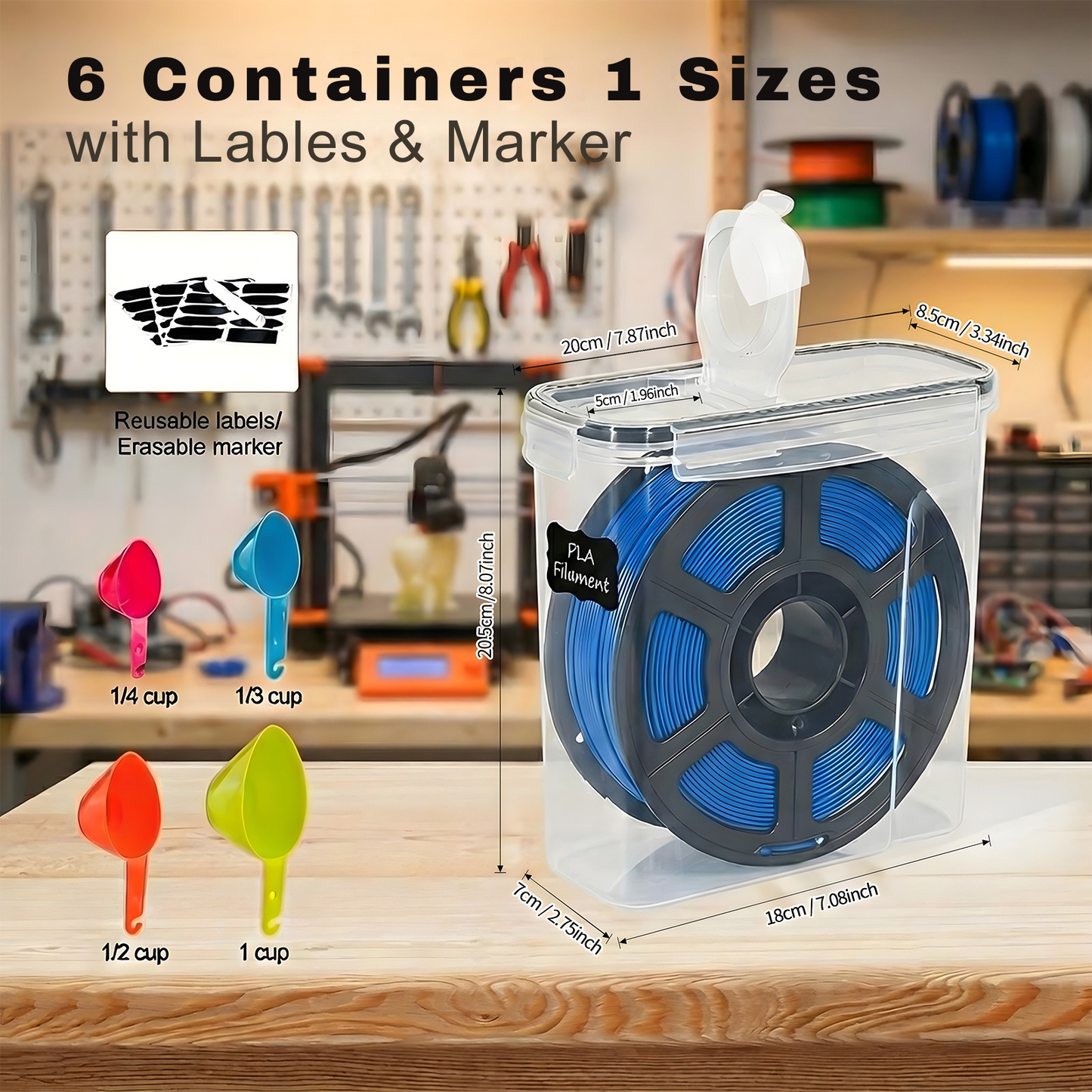 Food Storage Containers 6-Pack 4L Airtight with Lids – Filament Box for 3D Printer Filament Spools, BPA-Free Storage Boxes with Filament Outlet, Labels & Marker