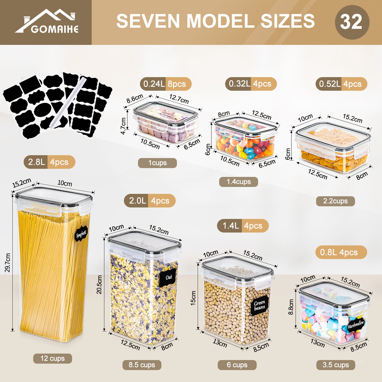 GoMaihe Airtight Food Storage Containers with Lids: 32Pcs Plastic Food Containers | Kitchen & Pantry Organizers and Storage for Cereal, Flour, Sugar, Snacks | Includes Labels, Marker